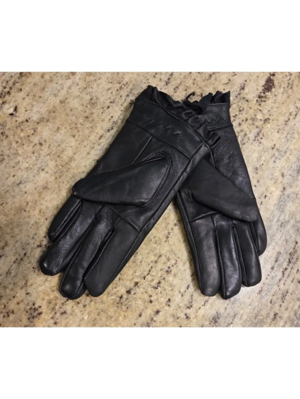 New! Women's Size S Black Leather Fleece Lined Gloves Ruffle Edge